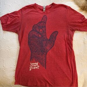 Young the Giant Band T Shirt Heather Red with Blue Hand Graphic